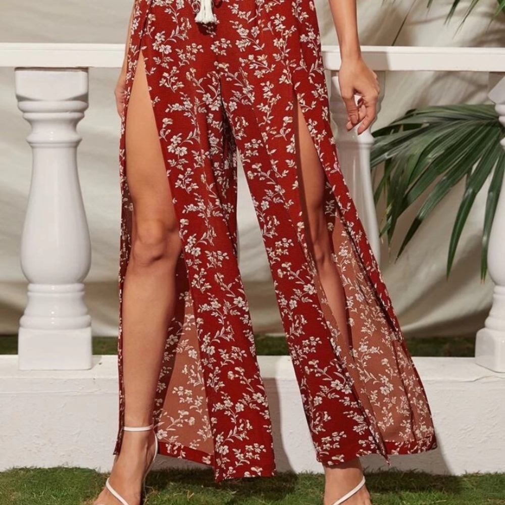 High waisted front slit floral pants XS S M & L - Picture 4 of 8